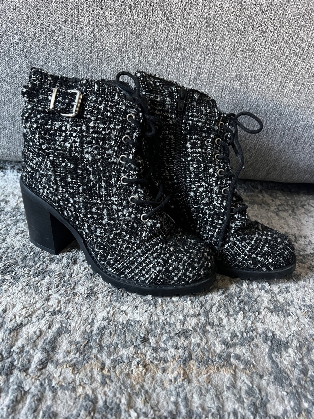 Diba Black & White Tweed Lace-Up Ankle Boots